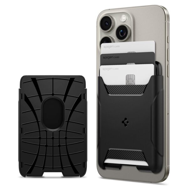 Spigen Rugged Armor (MagFit) Magnetic Wallet Card Holder Designed for MagSafe Compatible with iPhone 16/15/14/13/12 Models - Matte Black
